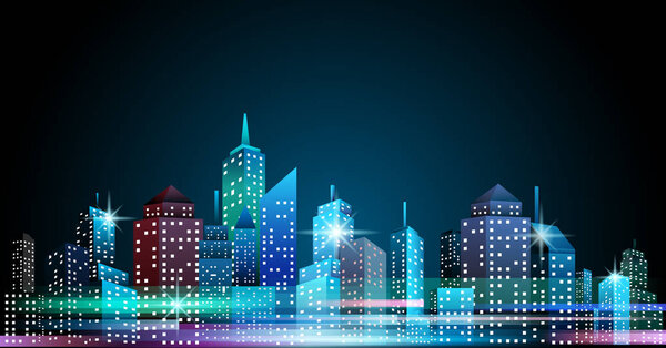 City downtown skyscrapers at night, vector illustration 