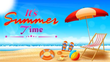 Plaj zamanı afişi, vektör illüstrasyonu