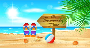 Tropikal plaj, yaz ve tatil arkaplanı, vektör illüstrasyonlu yaz zamanı afişi