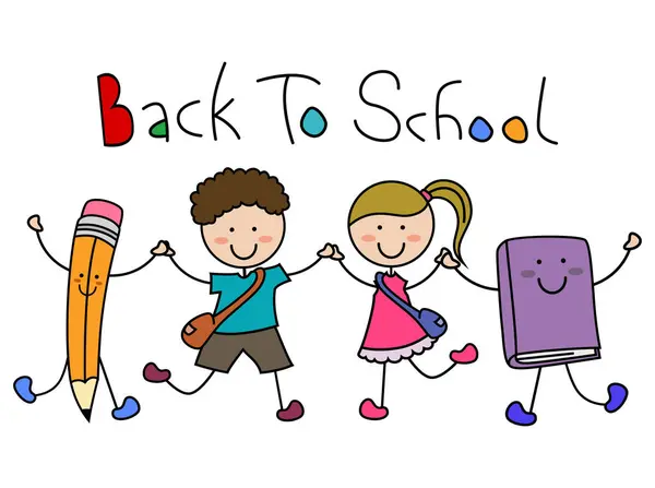Okul malzemeleriyle mutlu okul çocukları. Okula dönüyorum. vektör illüstrasyonu