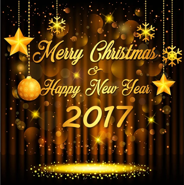 Altın noel balosu, Noel ağacı, yıldız, ışık ve konfeti ve vektör illüstrasyonuyla mutlu yıllar..