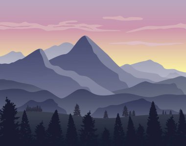 Çam ağaçları ve tepeleri olan dağ ormanları, vektör illüstrasyon tasarımı, doğa ve seyahat teması.