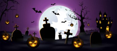 Cadılar Bayramı arkaplanı. Cadılar bayramı balkabağı, yarasalar, ay, ay ve yarasalar mezarlığın üzerinde uçuyor..