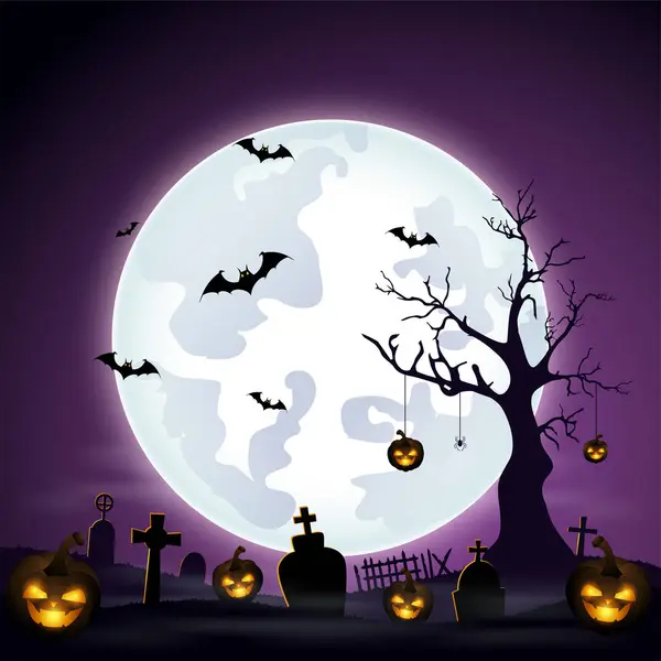 Cadılar Bayramı gecesi. Dolunay, yarasalar, mezarlık ve ay ile korkunç bir arka plan.