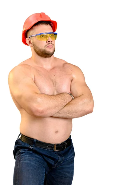 Портрет спортсмена в красном строительном шлеме и очках . — стоковое фото