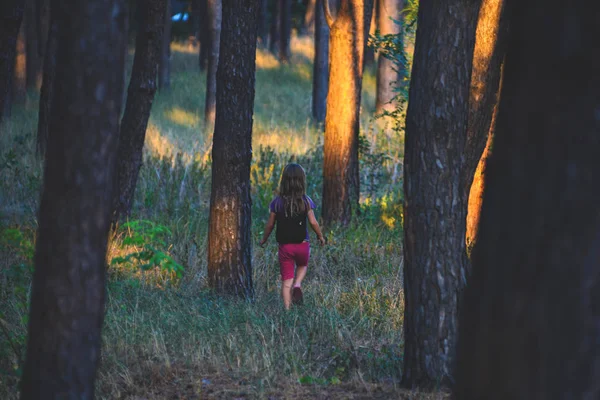 A kislány egyedül egy erdőben, fák között — Stock Fotó
