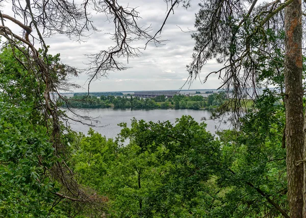 Vista della foresta da un'alta collina sul fiume e sul ponte di ferro. Ucraina, Cherkasy — Foto Stock