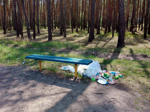 Cherkassy, Ucrania - 02 de mayo de 2017: La basura se fue después de un picnic en el bosque . —  Fotos de Stock