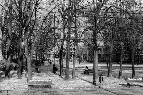 Magányos lány ül egy padon a Winter Parkban. B W fénykép — Stock Fotó