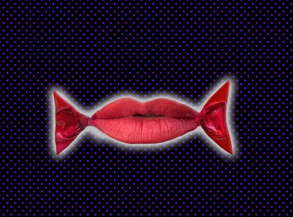 Labbra femminili rosse sotto forma di involucri di caramelle. Sfondo astratto. Collage post-elaborazione — Foto Stock