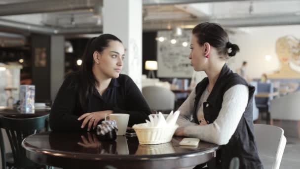 Twee jonge vrouwen zitten en praten in café. — Stockvideo