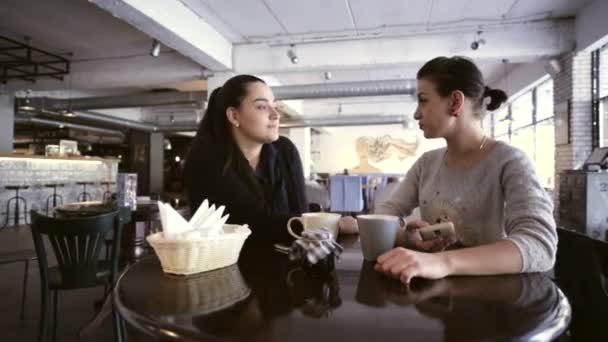 Duas jovens mulheres estão falando e usando o smartphone para mostrar algo engraçado . — Vídeo de Stock