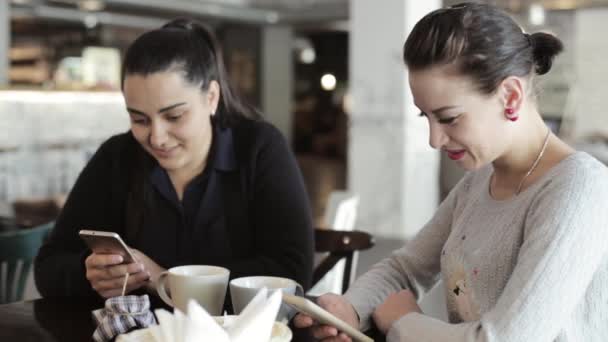 Två unga kvinnor pratar och med smartphone för att visa något roligt. — Stockvideo