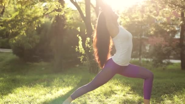 Ejercicios de yoga y pilates en el césped en la mañana soleada . — Vídeos de Stock