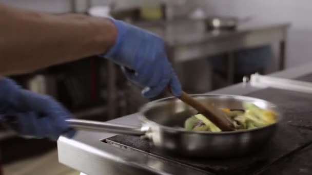 Un pasto friggere mescolare in fase di preparazione in un hotel o ristorante cucina — Video Stock