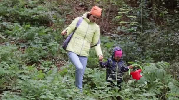 Anne ve kızı sıcak jakets sonbahar ormanda yürüyüş içinde — Stok video