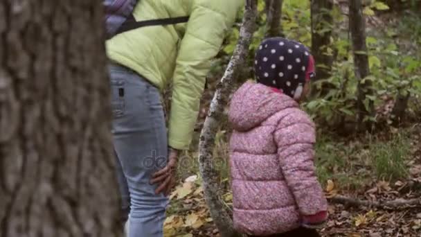 Мати і дочка в теплих джакетах, що ходять в осінньому лісі — стокове відео