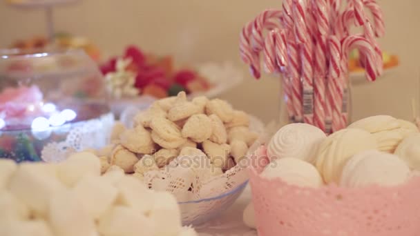 Barra de caramelo con galletas y dulces de colores para cumpleaños, aniversario, boda — Vídeo de stock