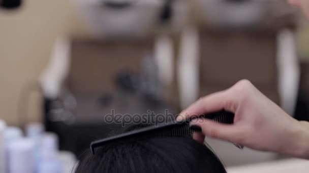 Friseurin kämmt ihre Kundin mittleren Alters. — Stockvideo