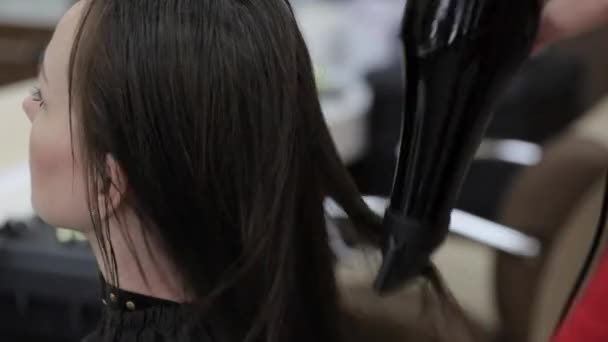 Coiffeur séchant les cheveux d'une femme d'âge moyen dans le salon de beauté . — Video