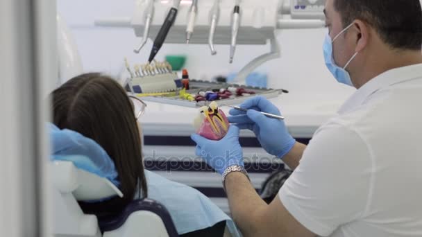 牙科诊所咨询。向女病人显示模型牙的牙医. — 图库视频影像