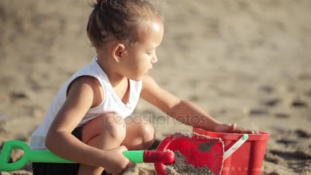 Dětská dívka si hraje s červenou hračkou kbelík a lopata na písečné pláži — Stock video