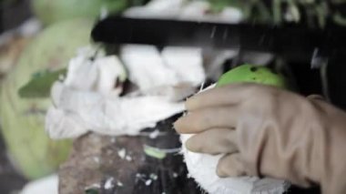 Sokak satıcı Hindistan cevizi ile büyük bir bıçak açma.