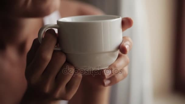 Jonge aantrekkelijke vrouw zitten in de buurt van het venster en het drinken van thee — Stockvideo