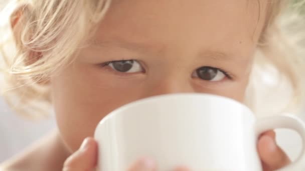 Närbild porträtt av vacker liten flicka med en kopp te — Stockvideo