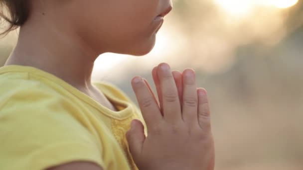 Mom and daughter meditate at sunrise — Stock Video