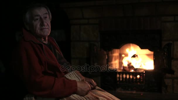 祖父と孫娘、暖炉のそばでスマート フォンに — ストック動画