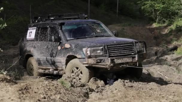 SUV ficou preso na lama e tentando sair via guincho na floresta . — Vídeo de Stock