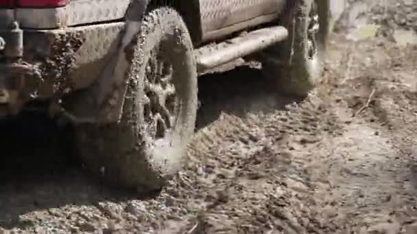 Vidéo en gros plan de la roue du VUS dans la boue . — Video