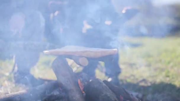 Сім'я батька і сина тости хліб на таборі вогонь — стокове відео