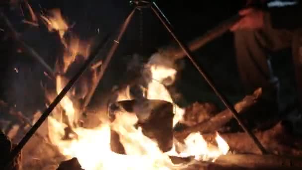 Kampvuur bij nacht. Man corrigeren van kolen in brand, close-up. — Stockvideo