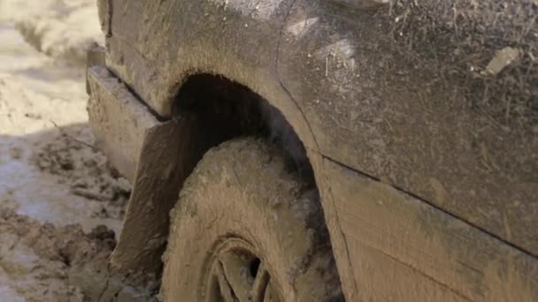 Close-up of smoking SUV wheel. — Stock Video