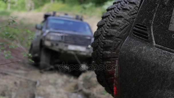 SUV expedicionário ficou preso na lama na floresta e sair através de outro SUV — Vídeo de Stock