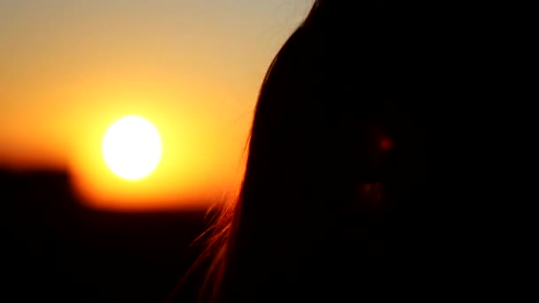 Vista trasera de cerca de una mujer joven tocando el pelo en el balcón al atardecer — Vídeos de Stock