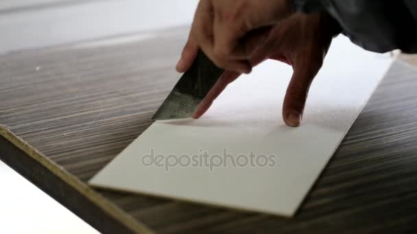 Closeup furniture knife cutting plywood board — Stock Video