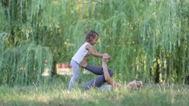 緑豊かな公園で母と小さな娘は朝ヨガのエクササイズします。 — ストック動画