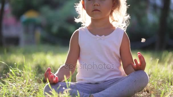 Piccola ragazza carina che fa esercizio di yoga sull'erba nel parco . — Video Stock