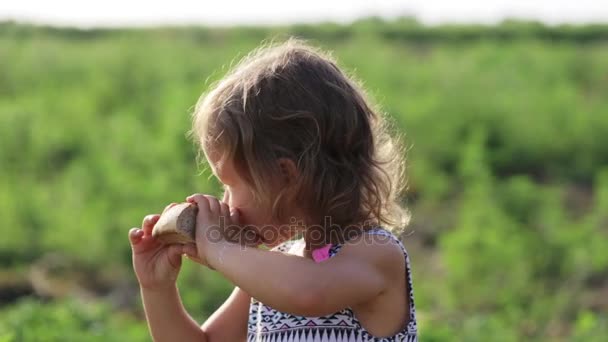 Portrait de petite fille mangeant du pain fait maison sur le terrain de l'éco-ferme biologique — Video