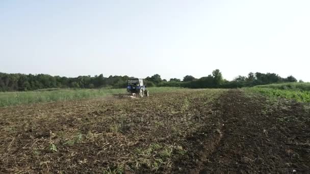 Zemědělský traktor výsev a pěstování pole v organické eco farm — Stock video