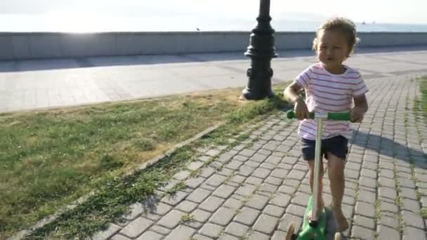 Gelukkig schattige kleine meisje paardrijden kick scooter in het park op zonnige zomerdag — Stockvideo