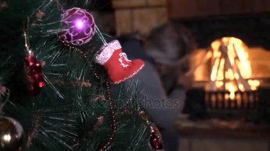 Komuta sizde şömine arka planda yakınındaki ile süslenen Noel ağacı