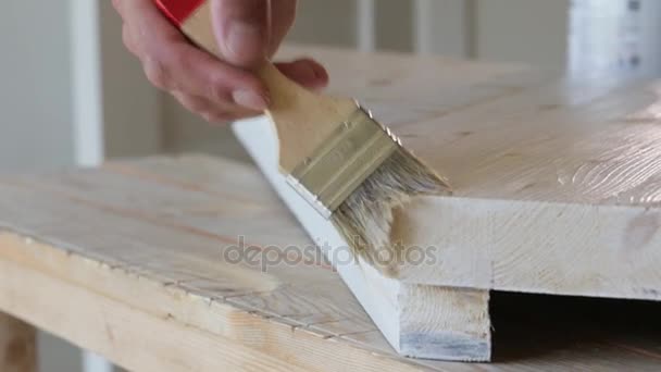 Imprägnierung der diagonal angeordneten Holzstufe mit einem Pinsel. — Stockvideo