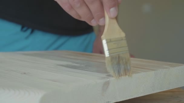 Imprégnation d'une marche en bois disposée en diagonale avec une brosse . — Video