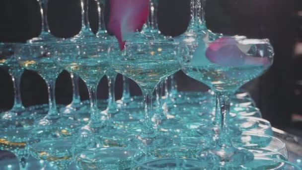 Пирамида бокалов с шампанским и падающими лепестками — стоковое видео