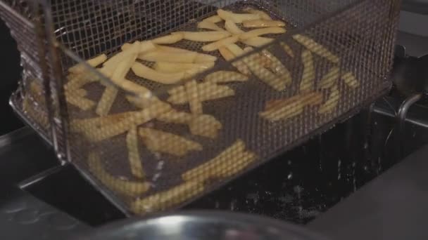 Chef derramando batatas fritas prontas em tigela de aço na cozinha comercial — Vídeo de Stock