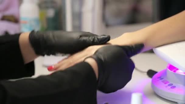 Primer plano del maestro haciendo masajes en las manos de su cliente femenino después del procedimiento de manicura — Vídeos de Stock